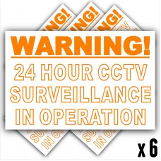 6 x Orange on White-130mm-WORDED Only- Warning 24 Hour CCTV Surveillance In Operation Stickers-Closed Circuit Television Security-Self Adhesive Vinyl Signs